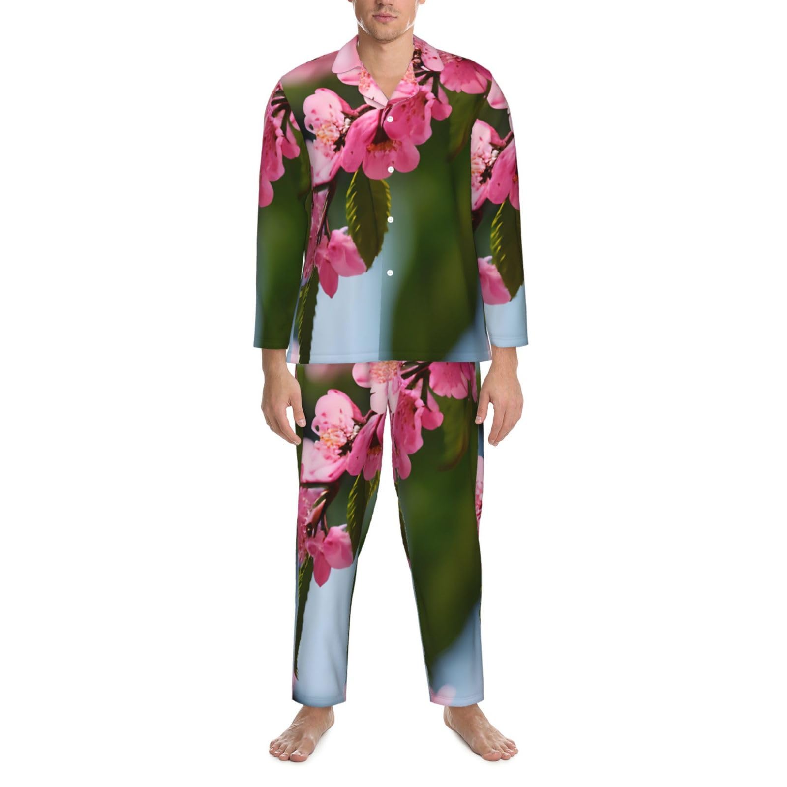 Rosa Cherry Blossoms 1 Stampa Uomini Manica Lunga Pigiama Set Sleepwear Due Pezzi Lounge Set Traspirante Nightwear