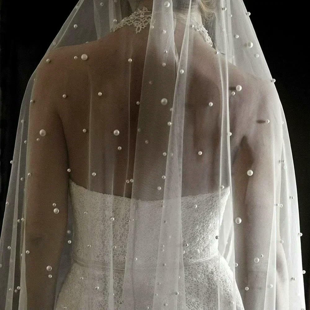 Perle Bianco Avorio Velo da Sposa Lungo con Pettine 1 Strato Velo da Sposa cattedrale con Perle Perline di Cristallo 75-300 cm