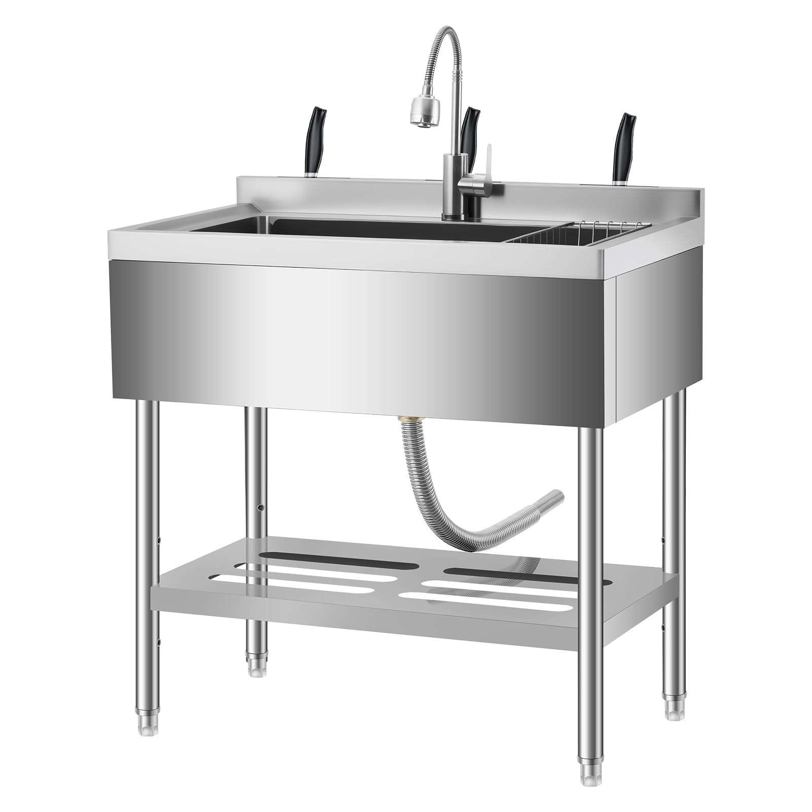 Garvee 36" Stainless Steel Utility Sink Workstation with Faucet, Adjustable Height Freestanding Sink with Storage Drawer, Knife Rack, Hooks &amp; Drain Kit for Kitchen, Laundry, Garage, or Outdoor Use