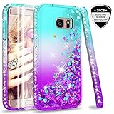 Galaxy S7 Edge Case (Not Fit S7) with 3D Pet Screen Protector [2 Pack] for Girls Women, LeYi Glitter Bling Shiny Diamond Liquid Clear TPU Protective Phone Case for Samsung Galaxy S7 Edge Teal/Purple