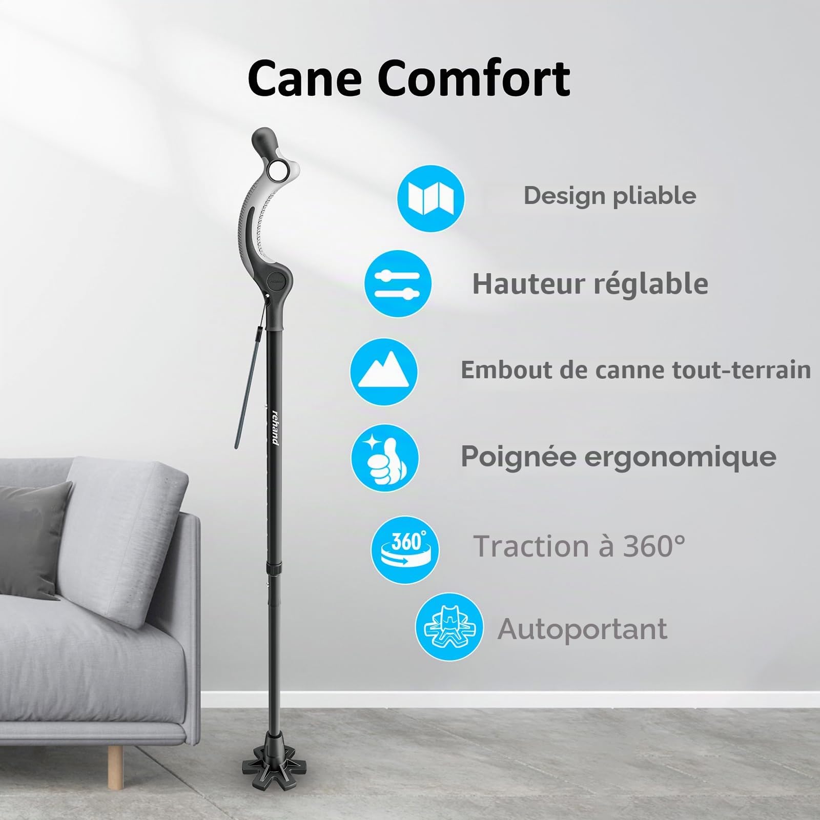REHAND Canne de Marche Réglable pour Seniors et Adultes – Poignée Ergonomique Antidérapante, 10 Réglages de Hauteur (101–124 cm), Supporte Jusqu’à 159 kg