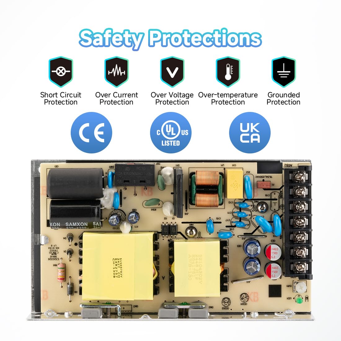 Internal view of power supply with safety protection icons