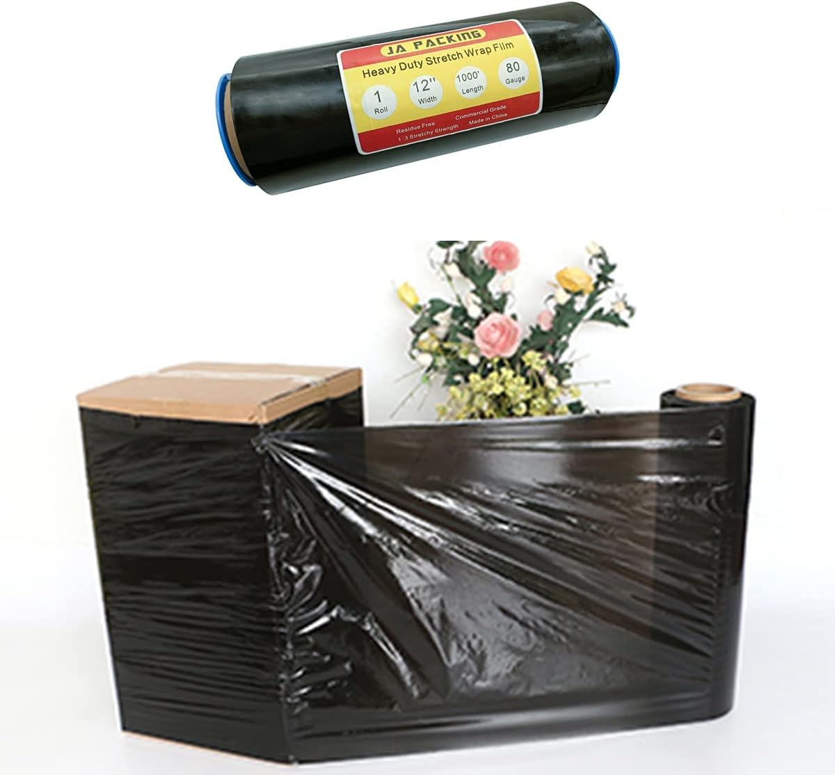 JA PACKING Black Plastic Shrink Wrap Film 12”×1000ft 80