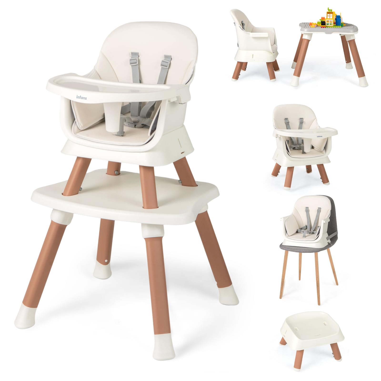 INFANS 8 in 1 Baby High Chair, Convertible Highchair for Babies and Toddlers, Infant Dining Booster Seat, Building Block Table, Kids Stool Table Chair Set with Removable Tray (White)