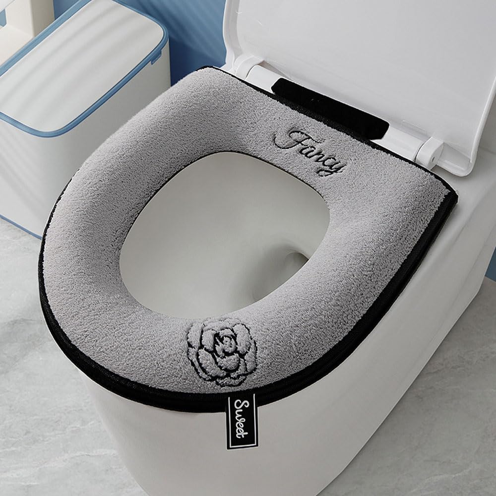 Fashion Zippered Warm Cushioned Toilet Seat Cover,Washable,Reusable Comfortable Universal Toilet Seat Cushion (Grey)