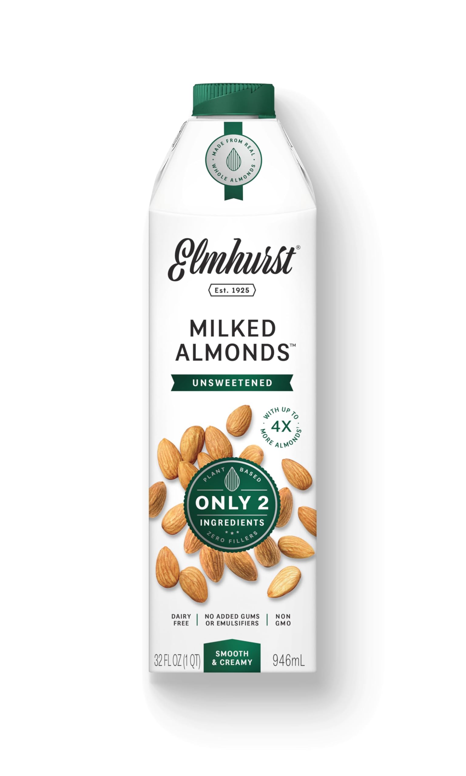 Elmhurst 1925 Unsweetened Almond Drink – Almond Drink with No Added Sugar – Vegan Alternative with Pure Flavour – Smooth & Versatile – Perfect for Coffee, Smoothies, Breakfast & More – 946 ml