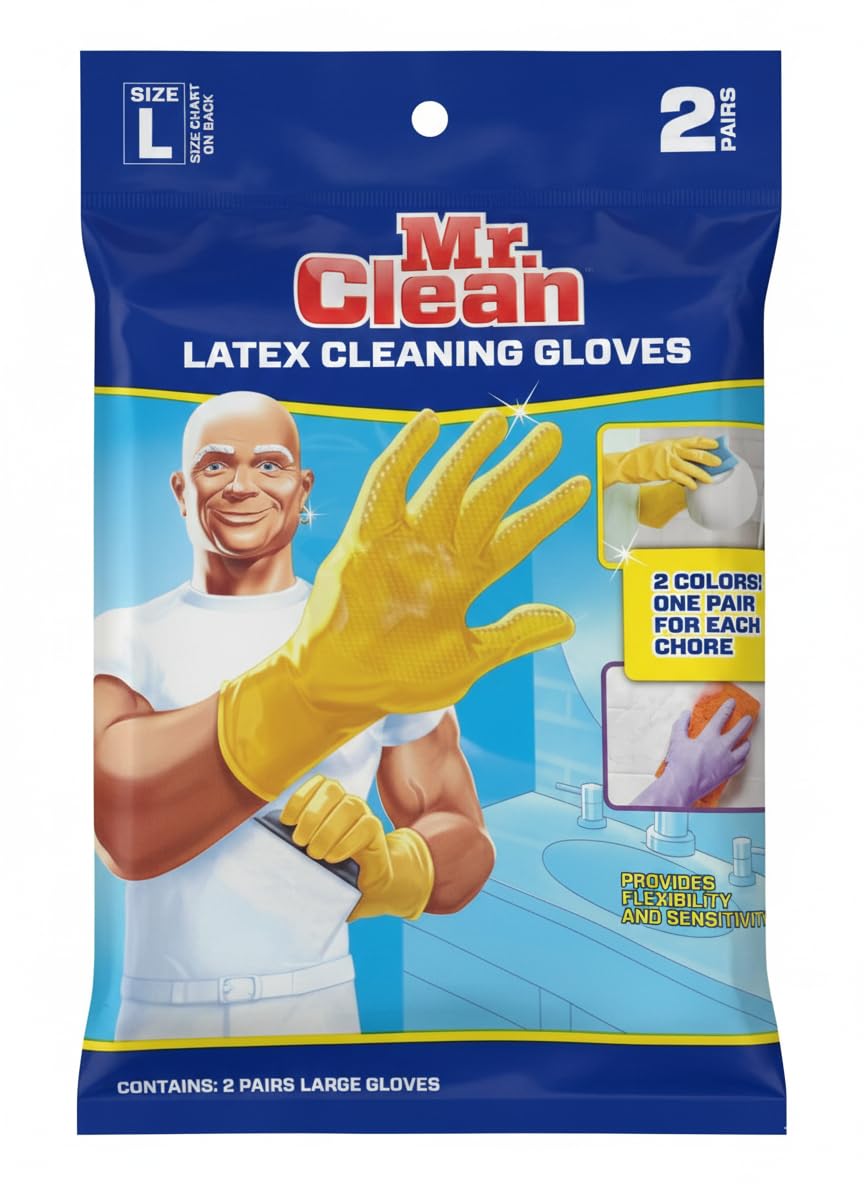 Mr. Clean Large Reusable Latex Gloves, 2 Color, 2 Pairs