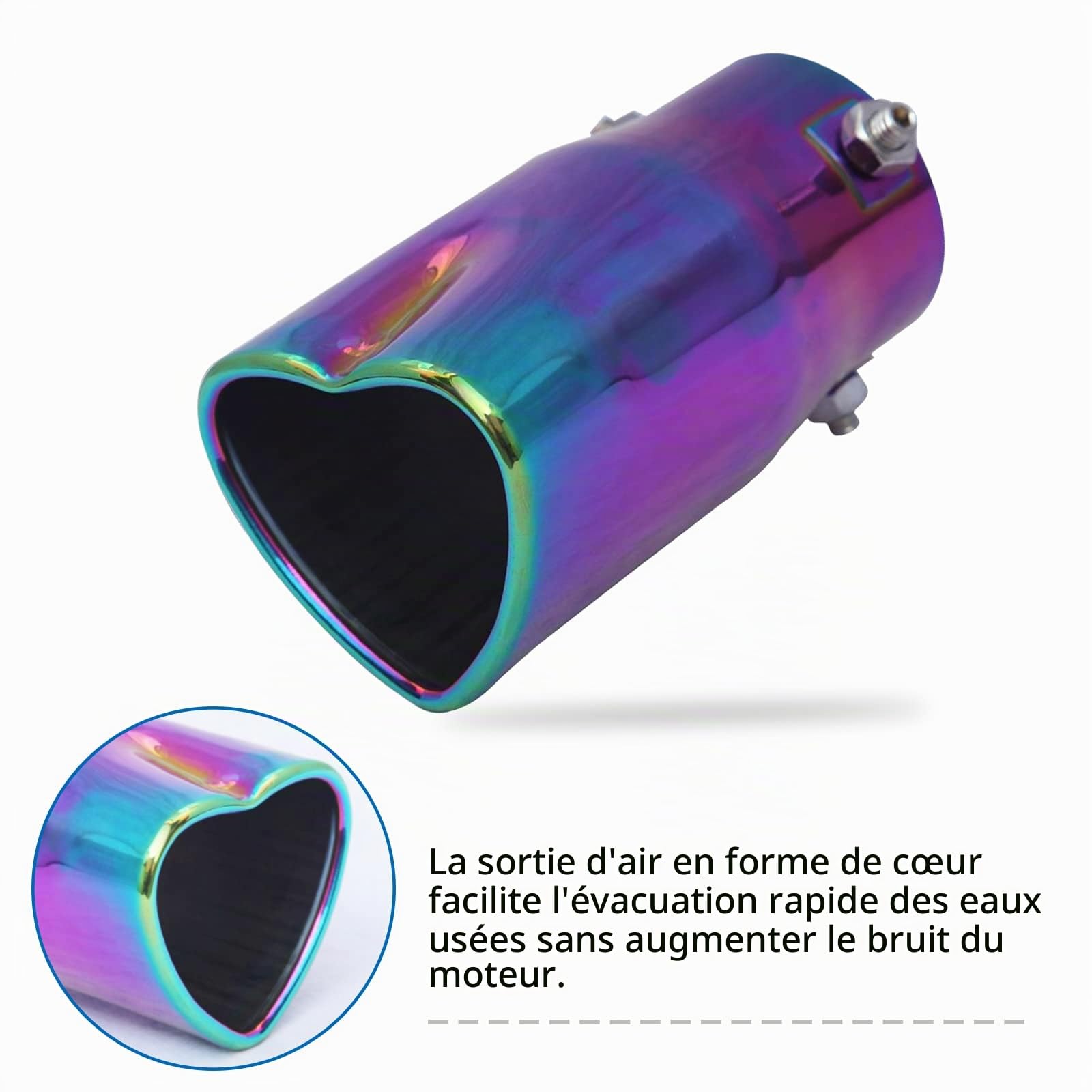 Embouts d'échappement de voiture en forme de cœur universels en acier inoxydable - Couleur arc-en-ciel - Embout d'échappement droit - Entrée de 2,48 pouces - Convient à la plupart des voitures