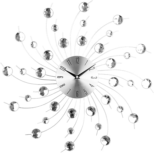 Modern 3D Crystal Wall Clock Celebration Decorative Metal Wall Clock, Silver