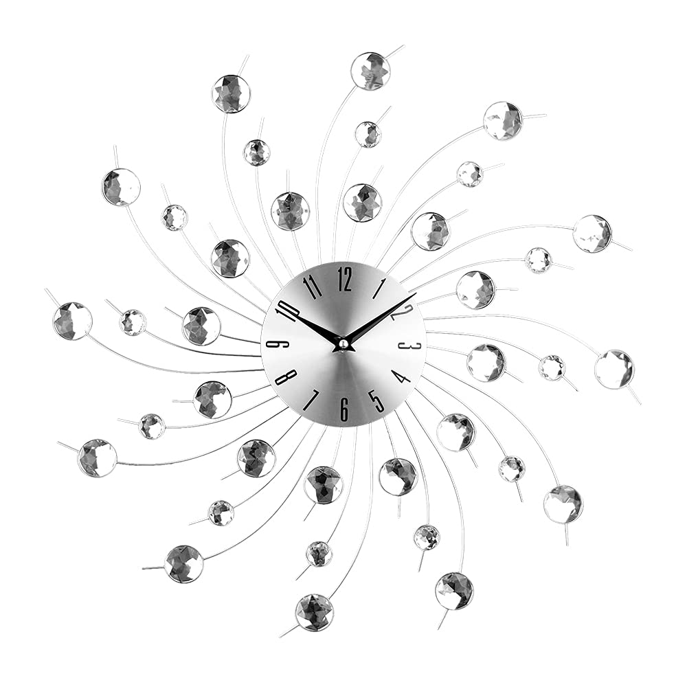 Timelike Rotating Radiation-50Cm 3D Crystal Wall Clock - Metal Art Diamond-Studded Mute Creative Round Design Silver Diamond Clock Décor For Living Room, Bedroom, Office