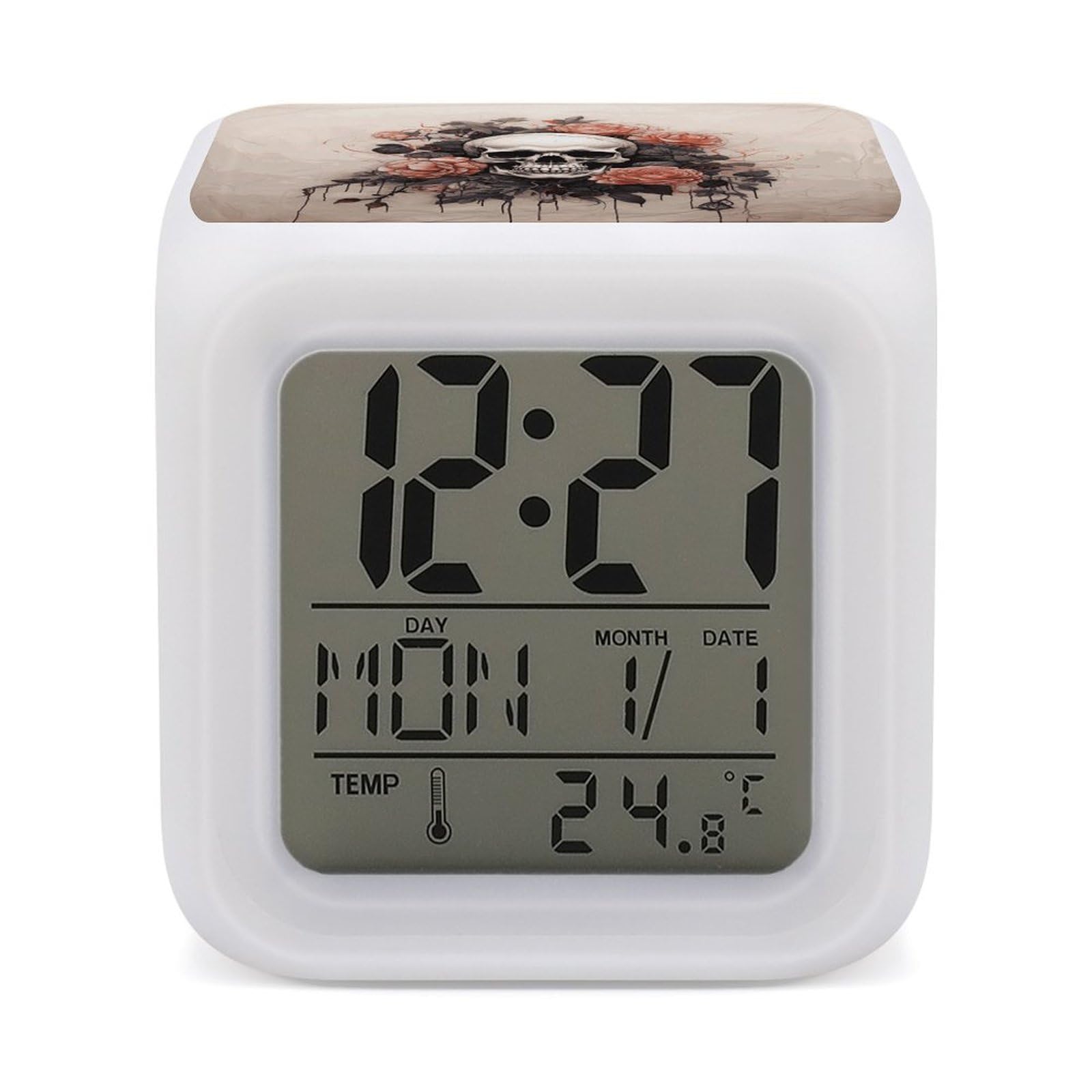 DWVTSLH Ancient Skull and Flowers Alarm Clock with 7 Color Changing Night Light, Wake Up Digital Clock for Bedroom, Bedside Cube Clock with Date, Temperature, Battery Operated Desk Clock Gift