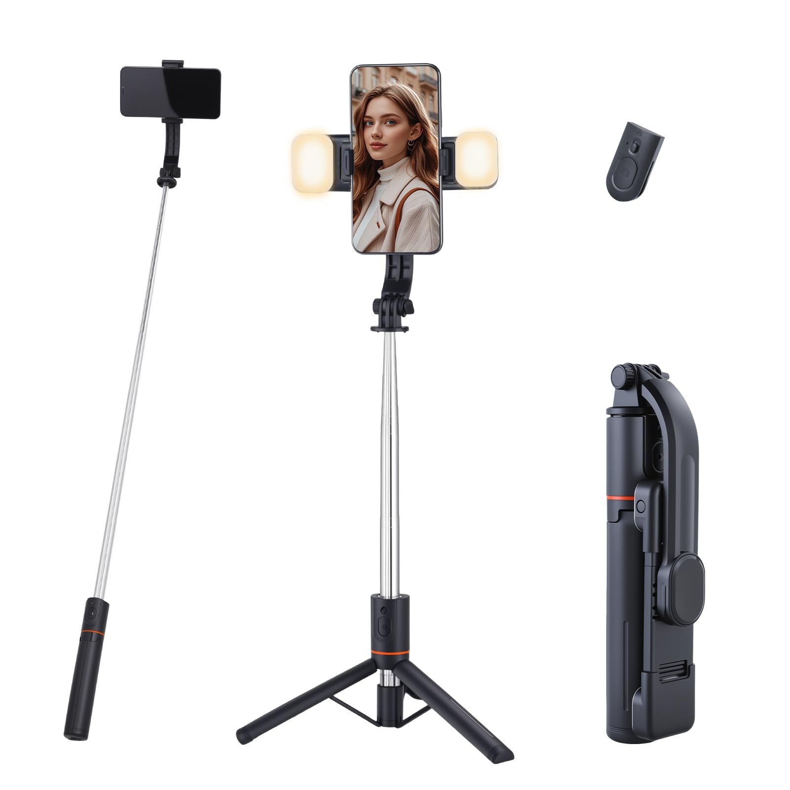 UTEBIT 116CM Trépied Telephone Portable Rétractable avec 2 Lumière, Perche a Selfie, Support de Téléphone avec Télécommande Détachable pour iPhone,Android,Gopro,Appareil Photo