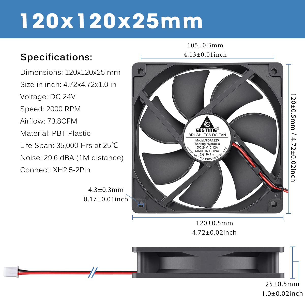 GDSTIME Ventola da 120 mm, 24 V, per PC, 120 mm, 24 volt, 120 x 120 cm, ventilatore da 24 V, per computer, inverter, amplificatore, alimentatore di rete, armadio, ventilazione