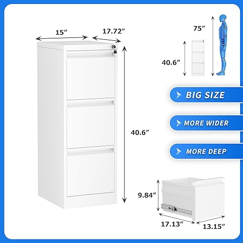 Miniatura 3 de Greenvelly Archivador blanco, archivador vertical de 3 cajones con cerradura, archivador de bloqueo para oficina en casa, archivador de metal de 18