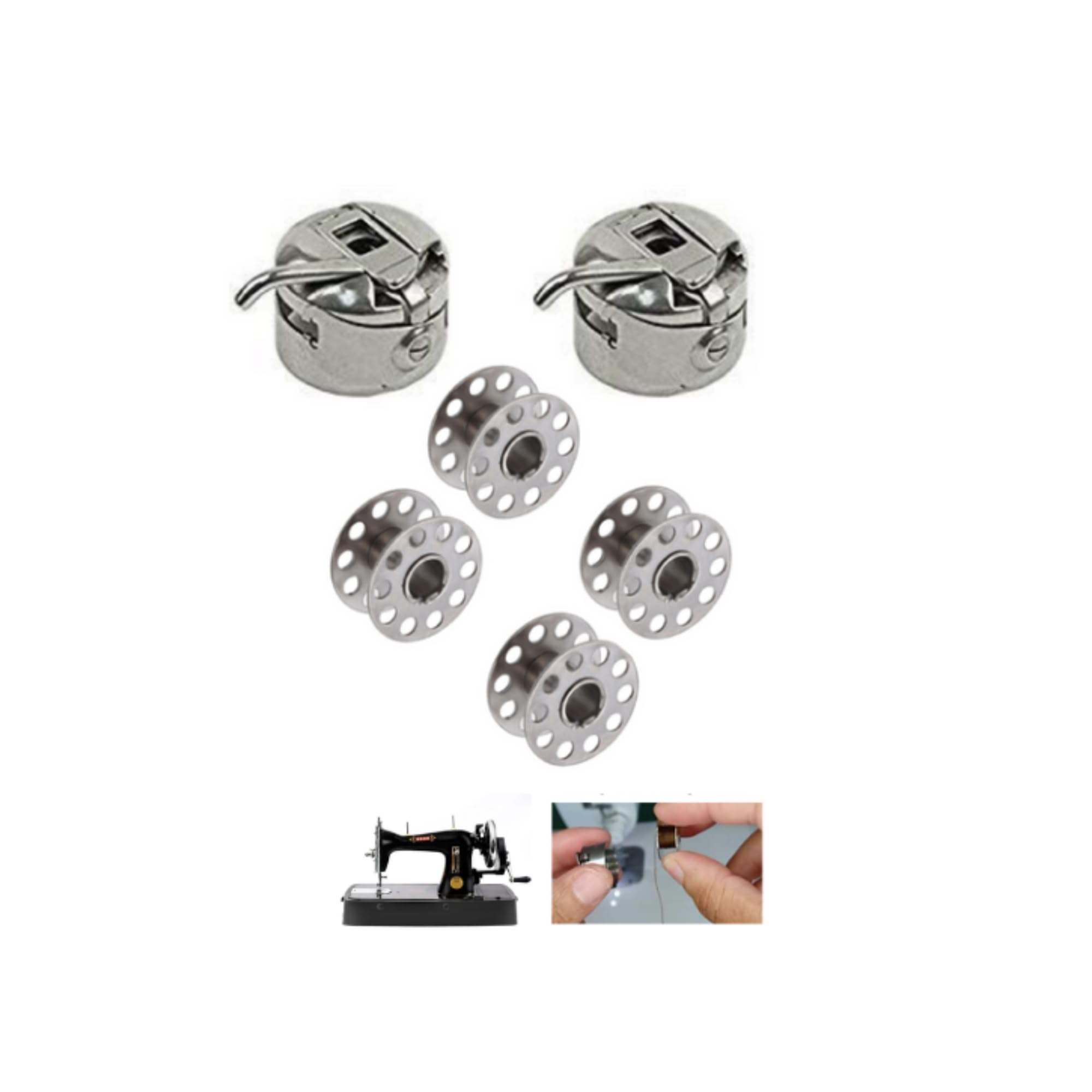 Original Bobbin Case 2 and Bobbins 4 for Singer/Usha/Vidya/Brother and Other Sewing Machines (Steel) - Combo - Non-Electronic Sewing Machine