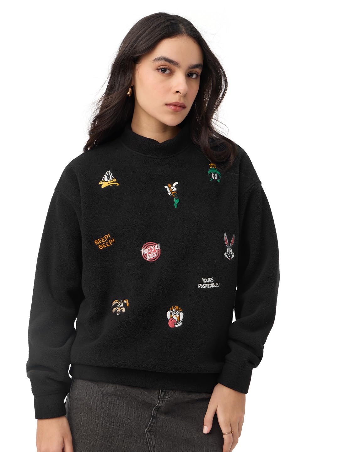 Looney Tunes: Toon Chaos Women and Girls Full Sleeves Mock Neck Black Embroidered Polyester Streetwear Casual Pullover Oversized Sweatshirt-image-48