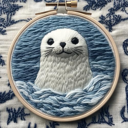 DIY Punch Needle Kits for Beginners Cute Seal in Sea with Hoop Embroidery Punch Needle Starter Set Easy for Adults and Kids Festival Gift and Decor 20x20cm