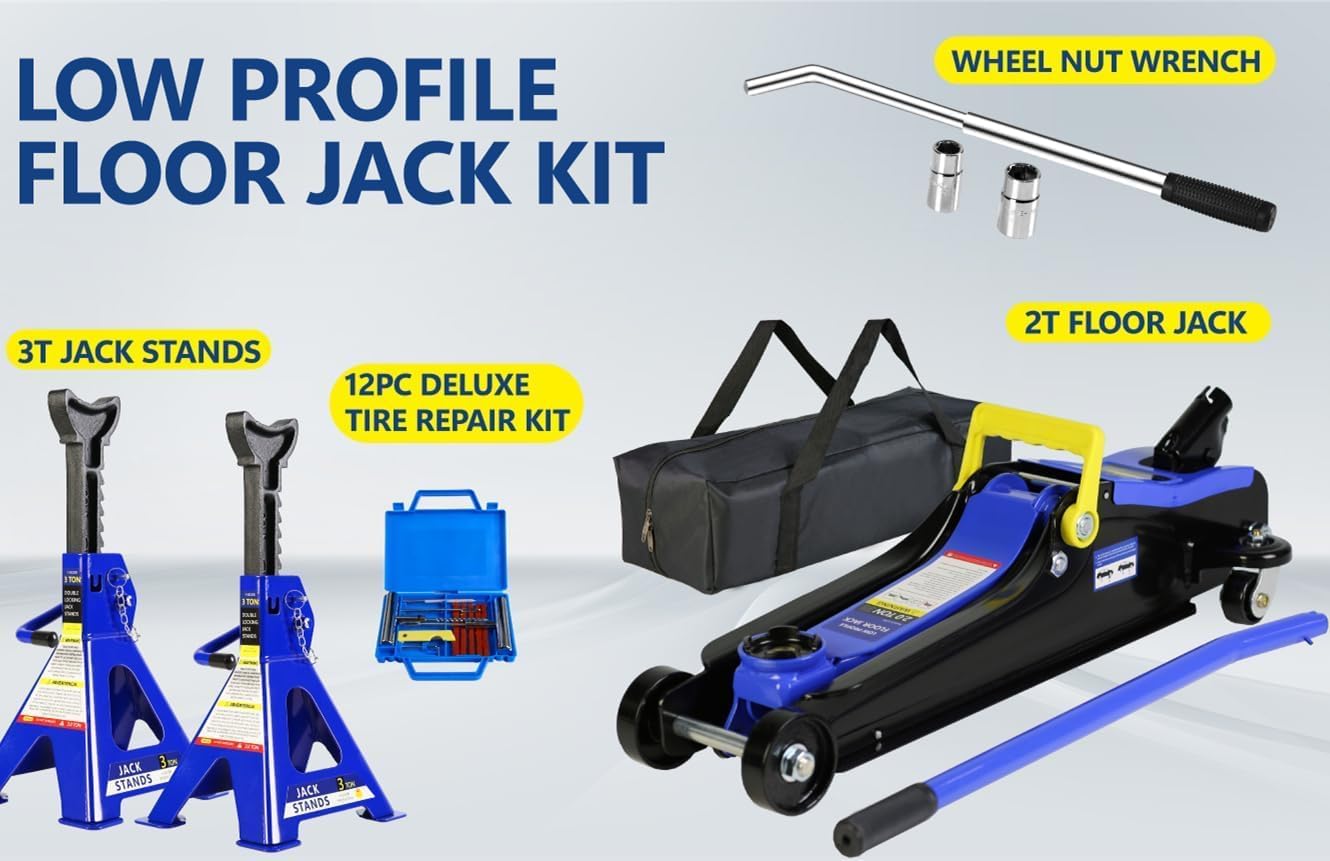 5 Piece Car Truck Floor Jack Service, Hydraulic Trolley Floor Jack & Jack Stands & Tire Repair Kit & L-Wrench for Garage, Automotive Shop, DIY, Lift Range 3.3"-15.2", 2 Ton/4000 LBS Capacity