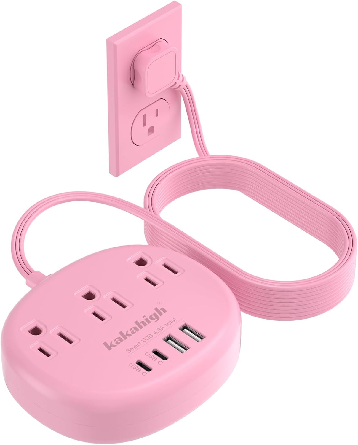 Pink Extension Cord - 10 FT Flat Power Strip, 1625W Cute Extension Cord with 3 AC Outlet 4 USB (24W/4.8A), Compact for Cute Pink Kawaii Desk Home Essentials