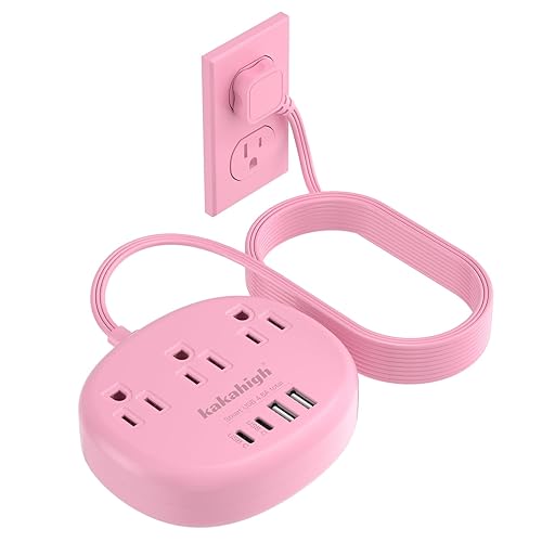 Pink Extension Cord - 10 FT Flat Extension Cord, 1625W Cute Extension Cord with 3 AC Outlet 4 USB (24W/4.8A), Compact for Cute Pink Kawaii Desk Home Essentials - 10FT - Pink