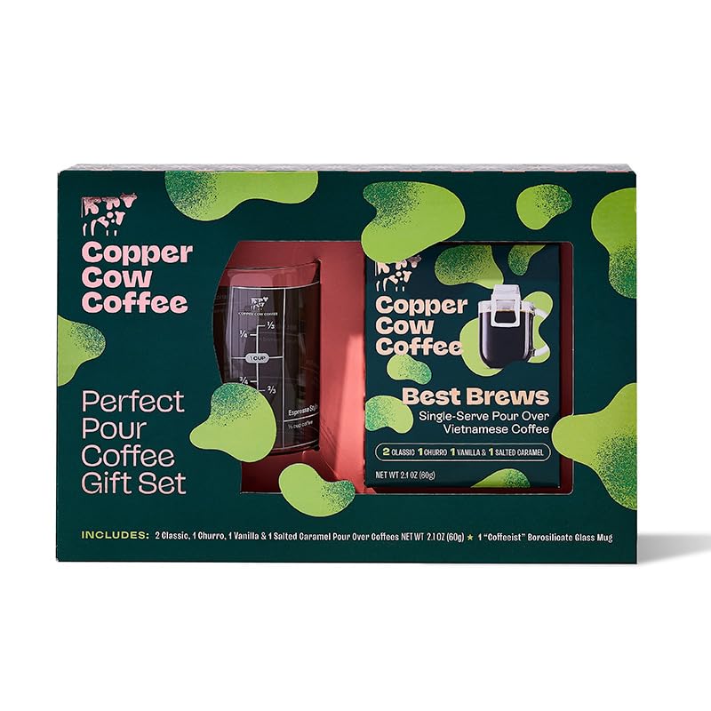 Copper Cow Coffee with Glass Mug &amp; 5 Premium Vietnamese Pour Over Ground Coffees (Classic, Vanilla, Churro, Salted Caramel)