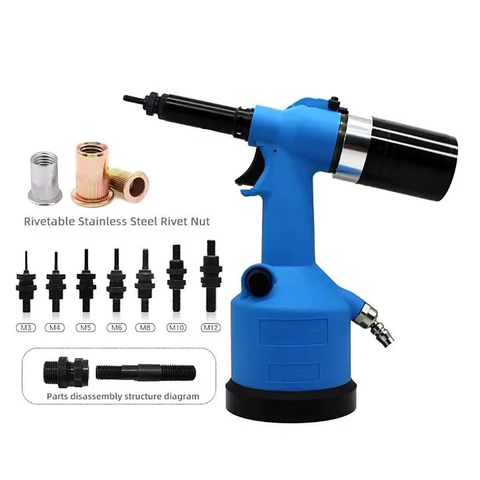 Remachadora de Tuercas de Alta Resistencia, Sistema neumático-hidráulico, tensión de 19,1 kN, Kit de remachado automático con 6 boquillas para Aplicaciones versátiles.,