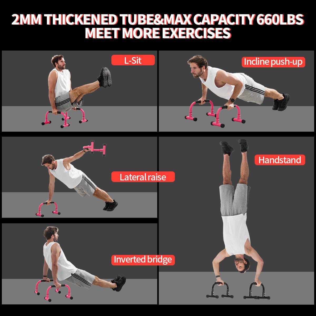 Teclor Barra de flexión de 24 cm de alto, barra paralela ideal para asiento en L, estructura de acero resistente, color rosa para hombres y mujeres, soporte completo y salsas de inmersión, resistente