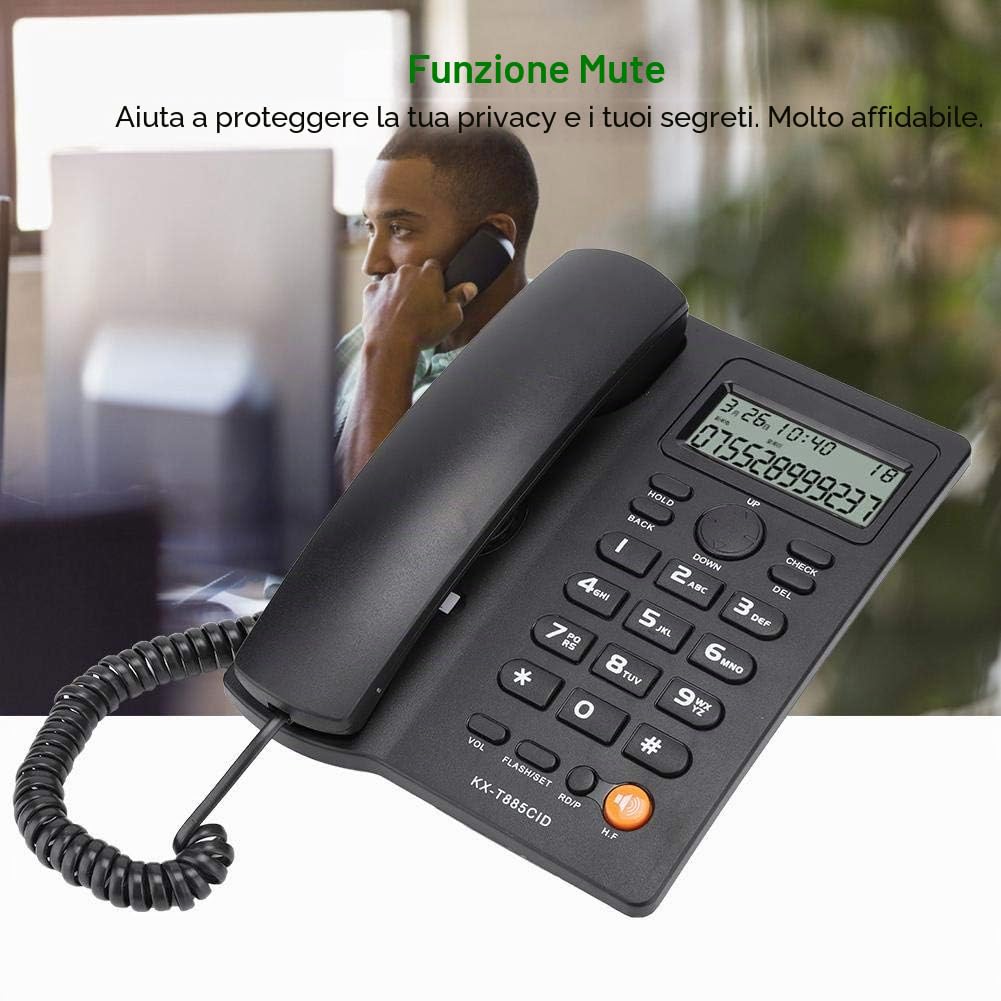 Telefono con filo, KX-T885 Visualizzazione ID chiamante Chiamata in vivavoce Telefono fisso per hotel a domicilio(Nero)