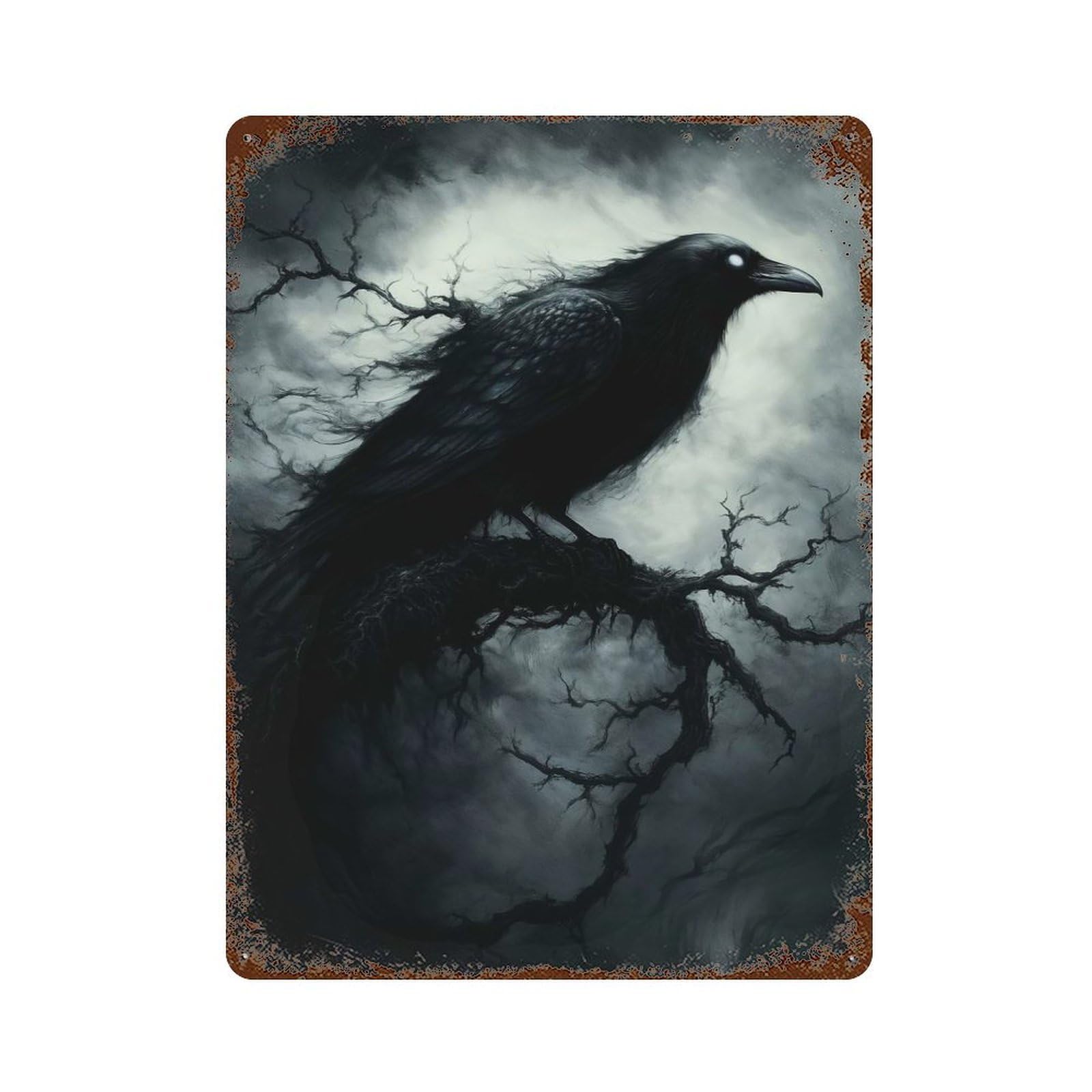 Dark Raven on Branch Rusty Metal Tin Sign 15.7"x11.8", for Shed, Workshop And Garage Wall Decor, Shabby Chic Decor