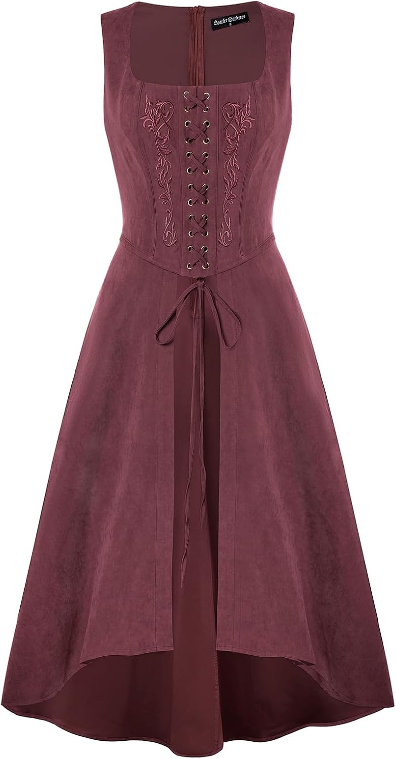 Scarlet Darkness Renaissance Dress Women Pirate Halloween Witchy Cosplay Overdress with Pockets