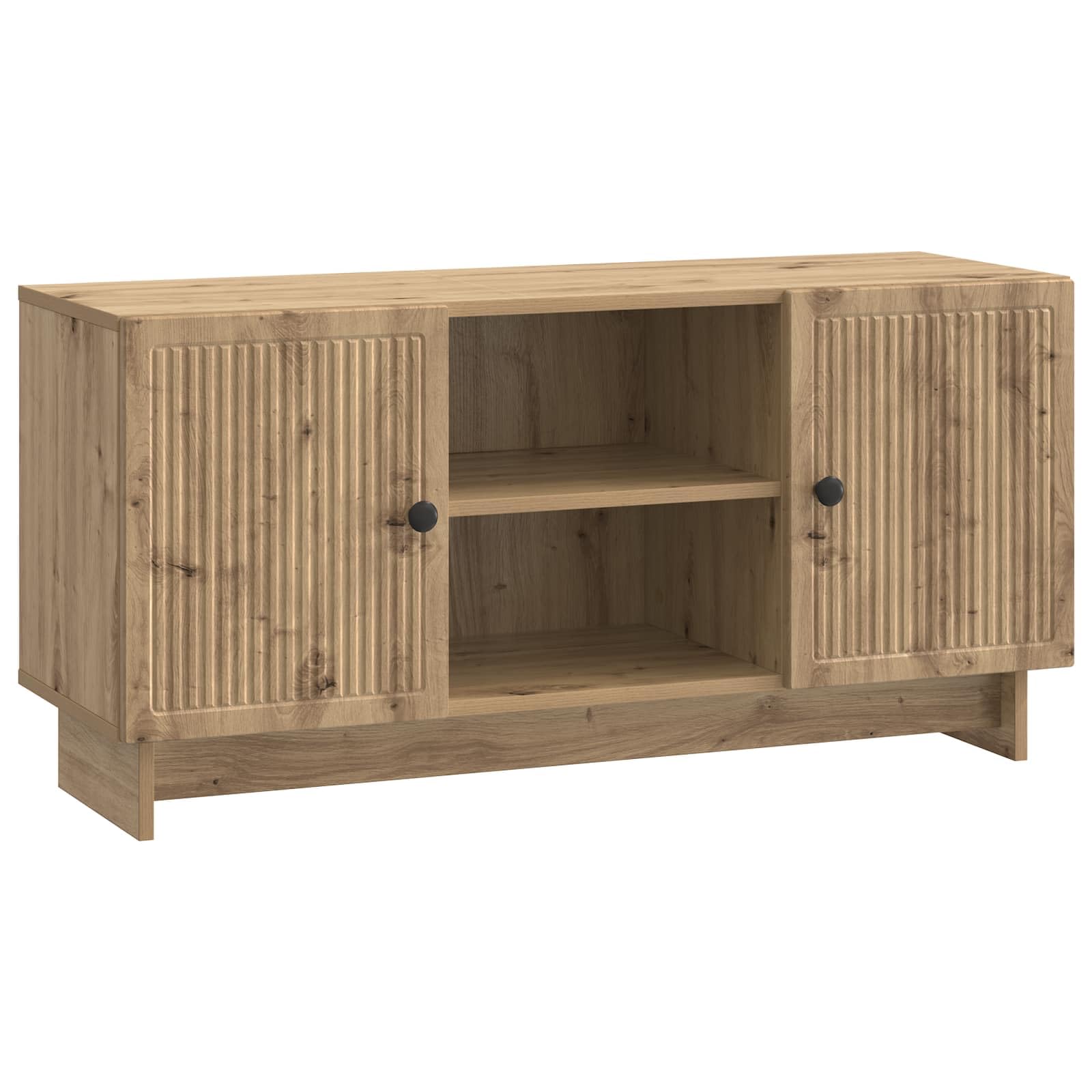 Meuble TV bas en chêne Artisan vintage avec double porte et niche de rangement pour salon
