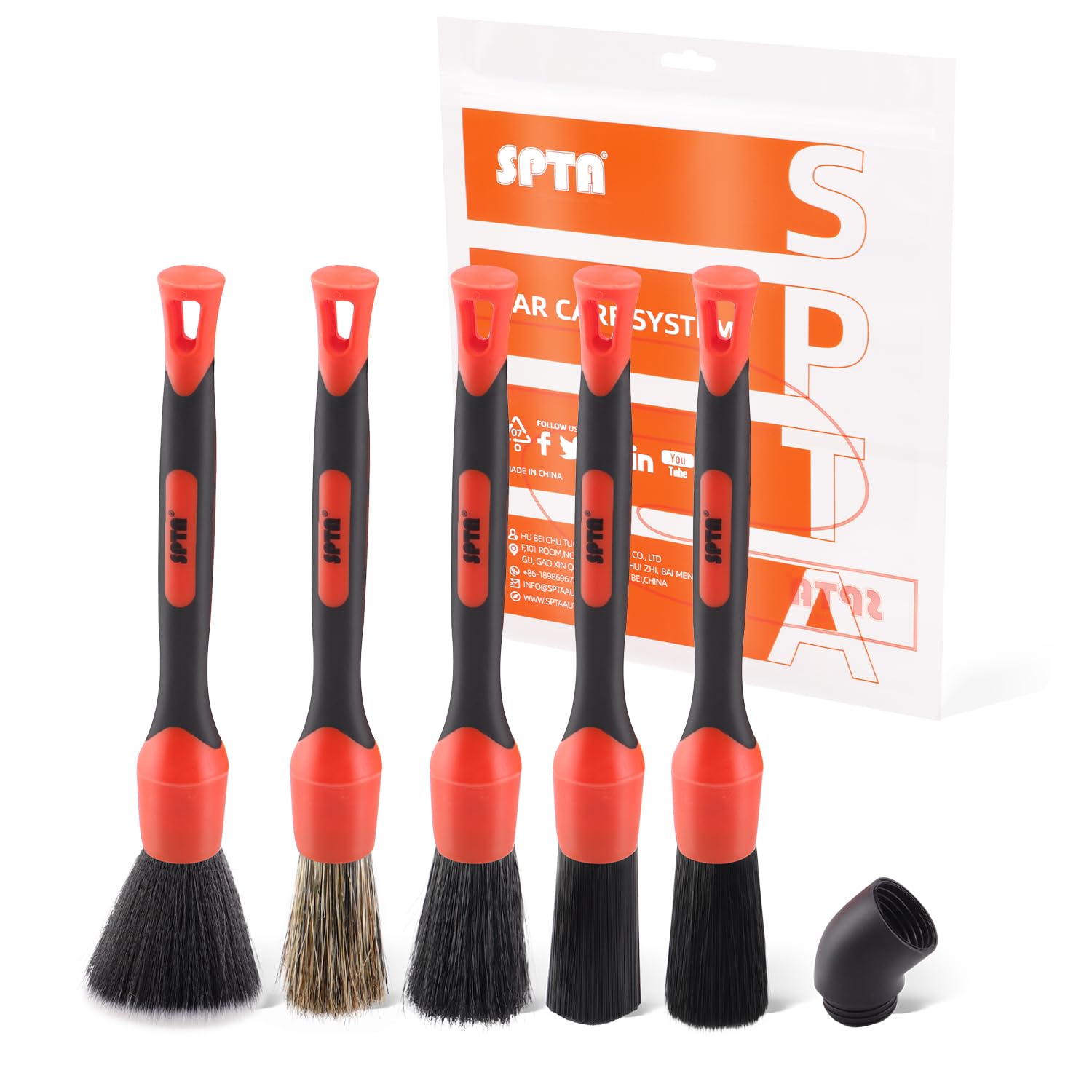 SPTA Car Detailing Brush Set, 5 Pack Soft Boar Hair Auto Detail Brush Kit with Elbow for Automotive Elegant Surface Interior Exterior Dashboard Emblems Panels Engine Bay Wheels Air Vent Seat Leather