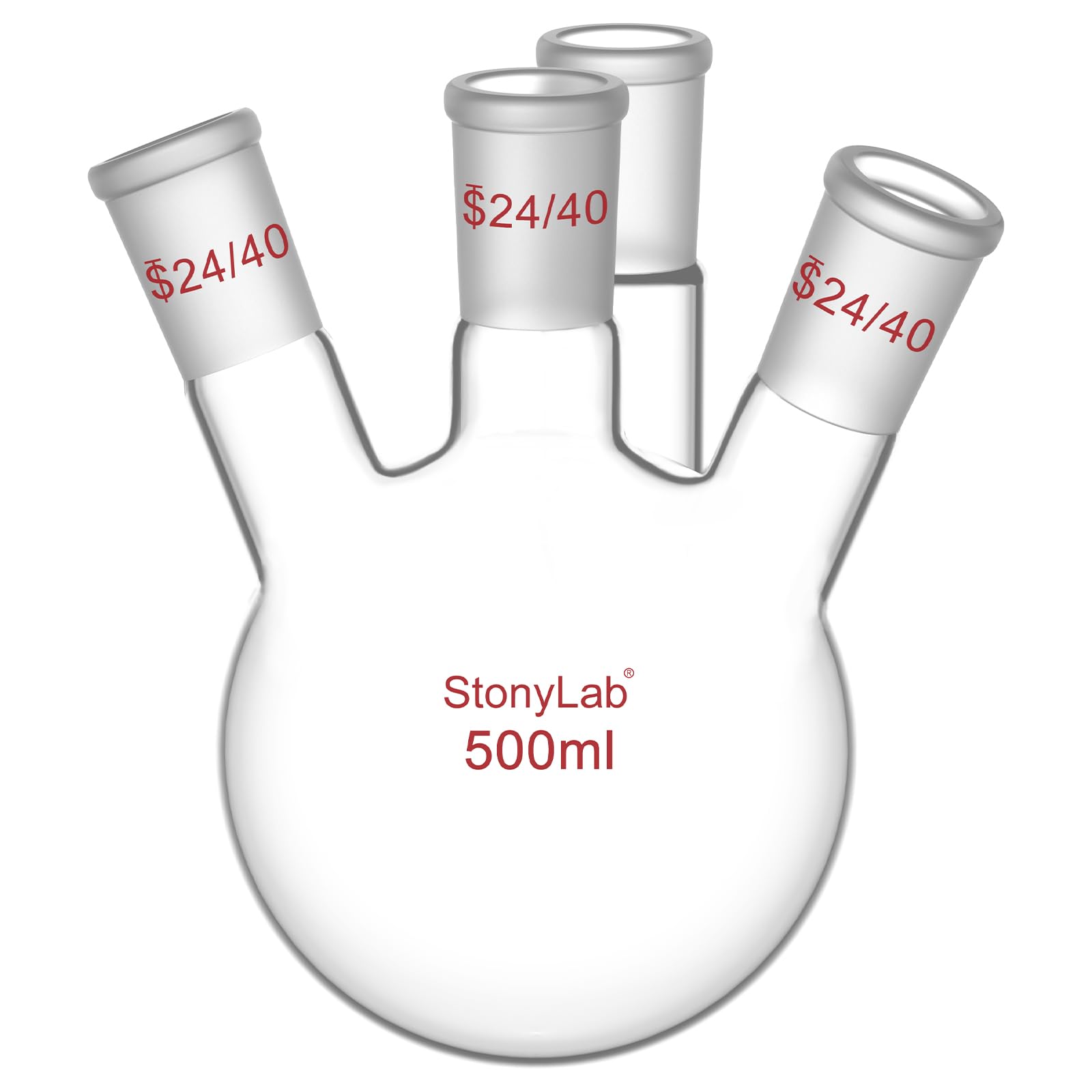 stonylab Butelka RBF z 4 szyjkami, okrągła podstawa, ciężka ścianka, 4 szyjki, butelka laboratoryjna, szkło borokrzemowe, okrągła podstawa, butelka do gotowania ze standardowym stożkiem 24/40, 500 ml