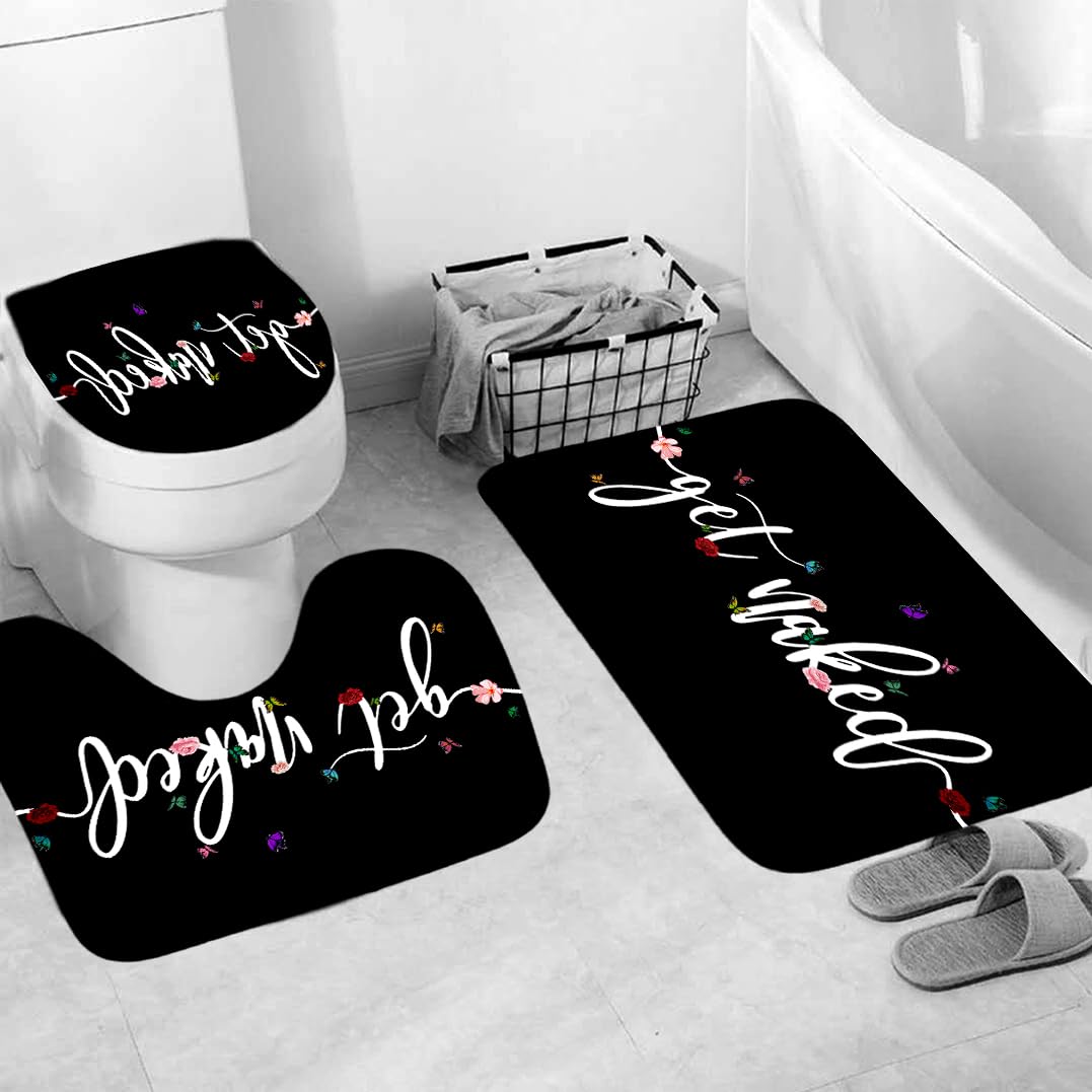Badematten & Badteppiche Set 4 Teilig Badezimmerteppich Waschbar Badematte rutschfest,Wc Vorleger Mit Ausschnitt Badematte Und Duschvorhang,Badvorleger Toilette Teppich 50×80Cm Schwarz