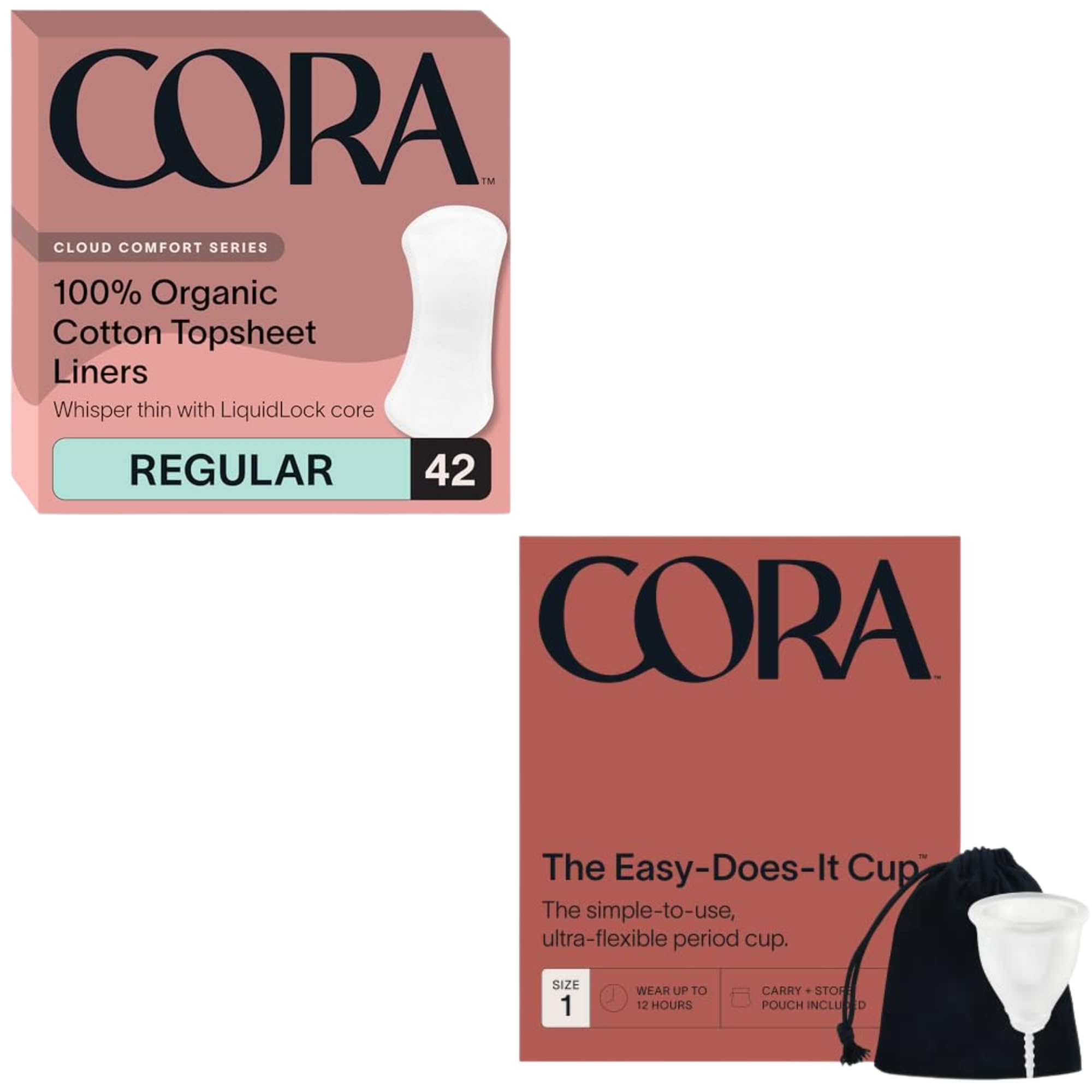 Cora Organic Feminine Care 42 Long No Wings Liners and a Menstrual Period Cup Medical Grade Silicone Eco-Conscious