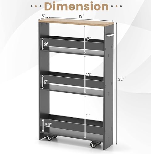 Miniatura 7 de COSTWAY Carrito de almacenamiento delgado con ruedas, carrito utilitario rodante de 4 niveles, carrito de almacenamiento de cocina de madera con asa