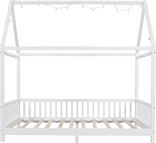 Miniatura 6 de Bellemave Cama Montessori de tamaño matrimonial,Marco de cama de casa con rieles altos,Camas de piso completo con techo, blanco con barandillas