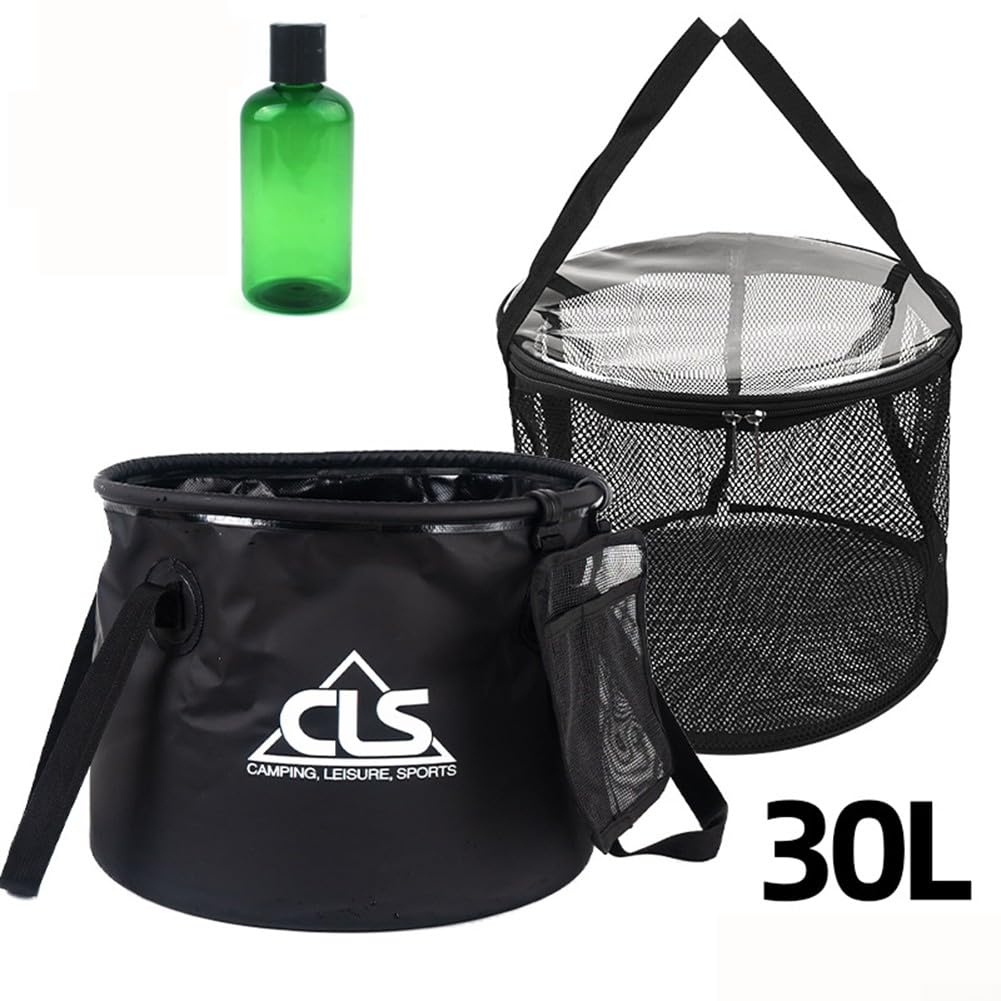Seau Pliable avec poignée, Seau Pliable 4 en 1 de 30 L avec Panier de vidange en Maille, Seau Pliable pour, pêche - Orange