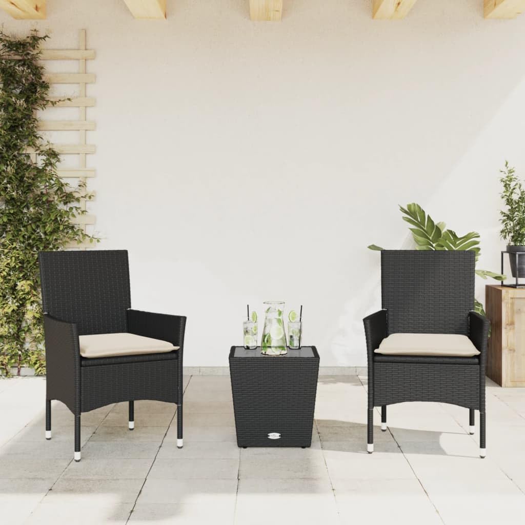 ShGaxin Tavolino e sedie con Cuscini 3 pezzi rattan sintetico Vetro Nero, Set Tavolo E Sedie Giardino, Tavolo E Sedie Terrazza, Mobili da Giardino Esterno, Set Di Mobili Da Giardino - 3278739