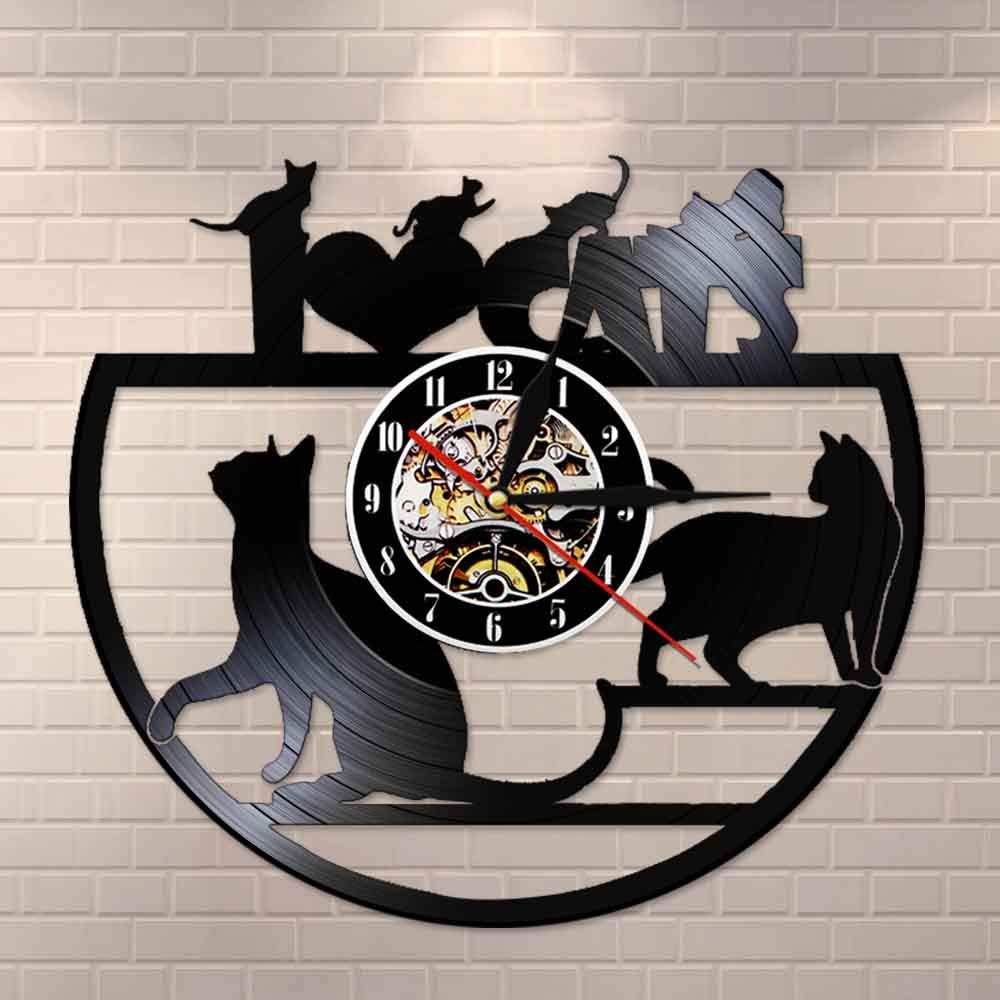 I Love Cat Orologio da parete personalizzato in vinile Orologio da parete in stile vintage con gatti Design regalo per gli amanti dei gatti Animali Decorazione per la casa Orologi in vinile Dia 30cm