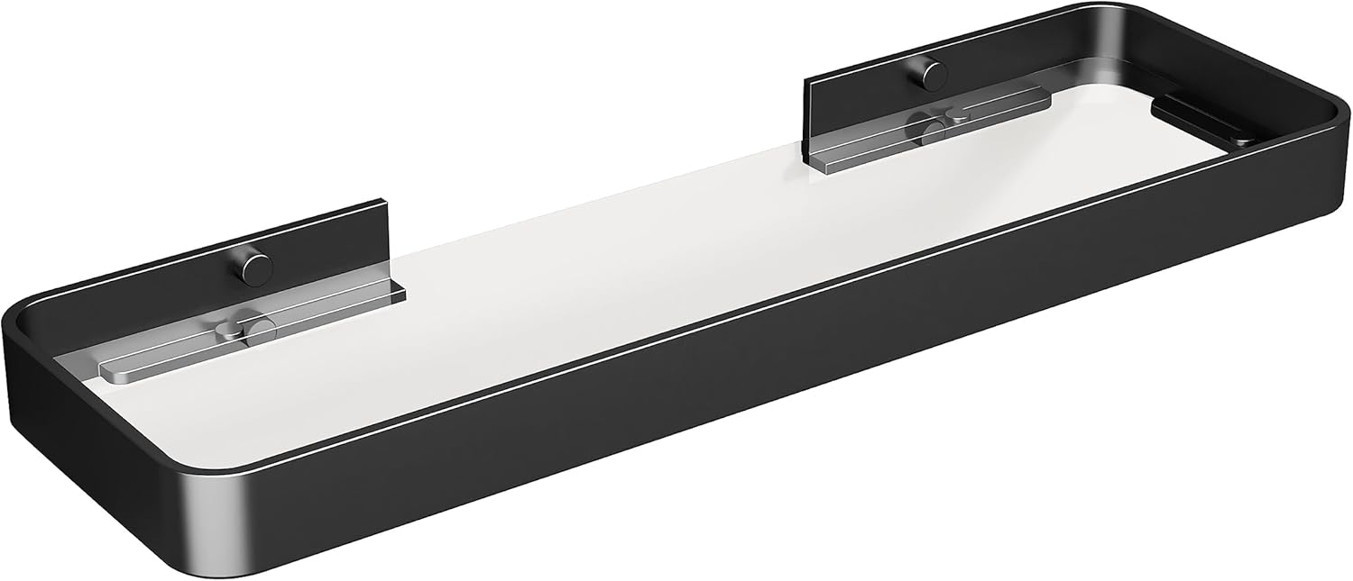 Danpoo 16-Inch Wall Shelf, Clear Tempered Glass with Matte Black Aluminum Frame – Sleek Floating Bathroom Organizer