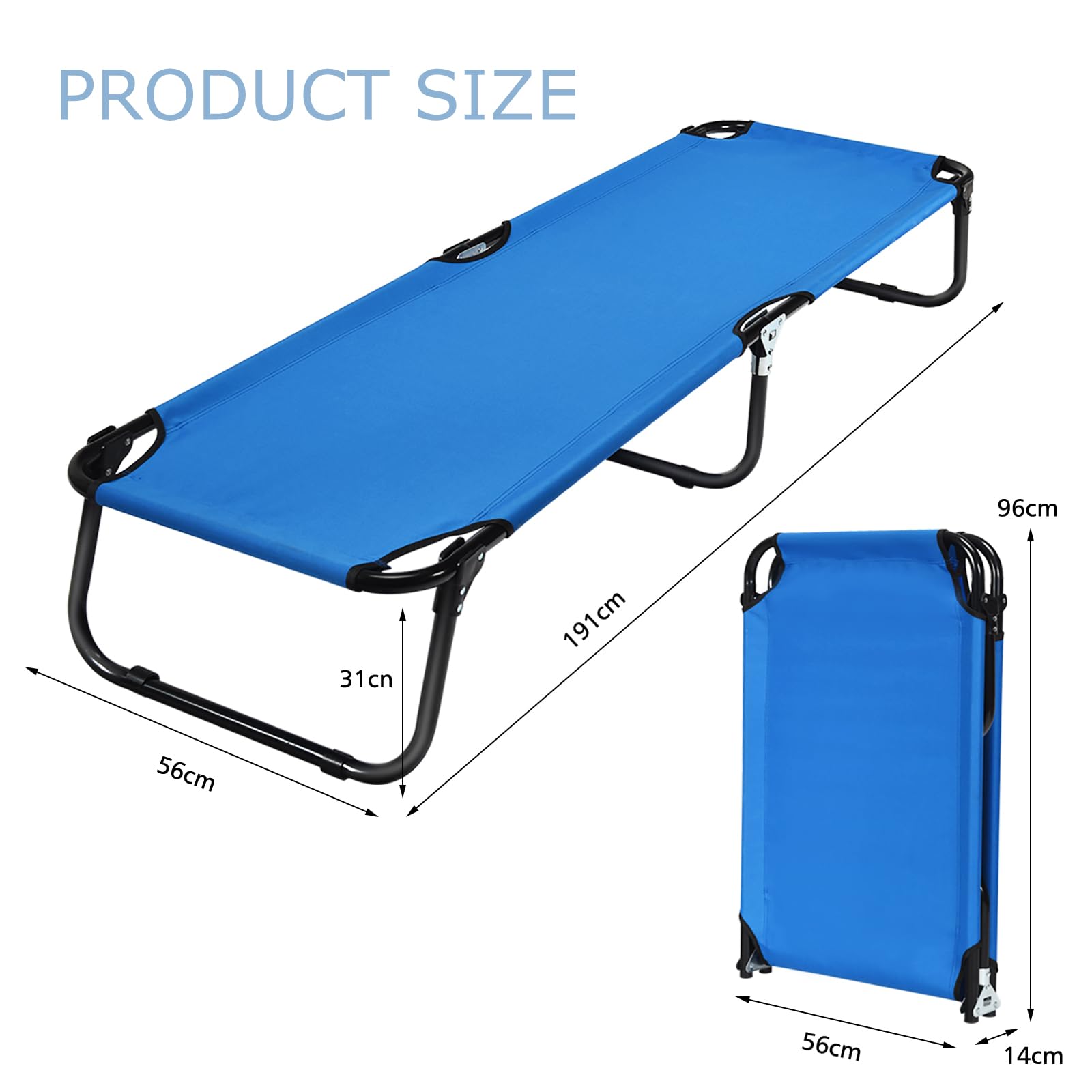 KOMFOTTEU Lit de camping pliable avec cadre en métal et tissu Oxford, lit pliant unique jusqu'à 150 kg pour extérieur, camping, jardin, 191 x 56 x 31 cm, bleu