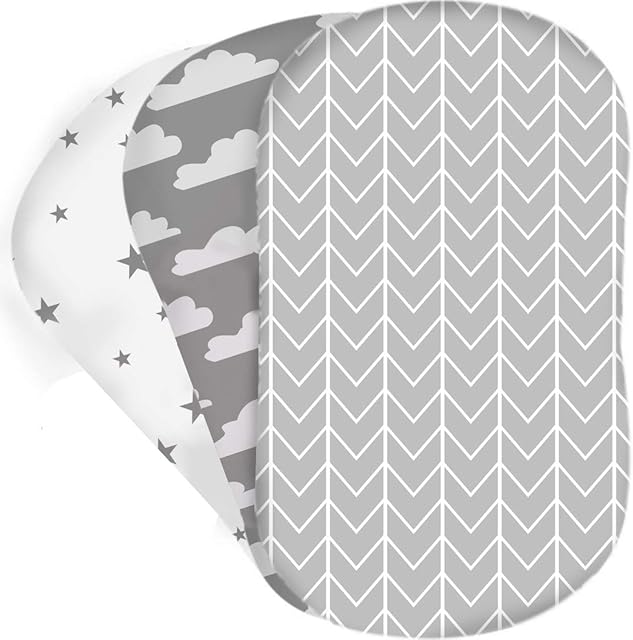 Bear's Little Fish 3-Pack of Moses Basket Sheets |100% Hypoallergenic Jersey Cotton |Gender Neutral Grey and White for Baby boy or Girl |Fitted Crib Sheets for Oval, Hourglass and Rectangular Mattress