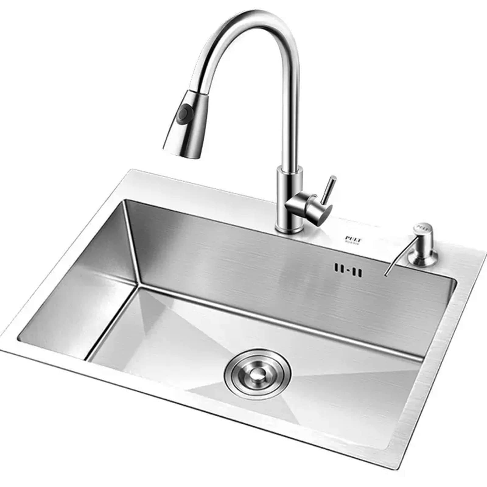 SDdPulse Stainless Steel Kitchen Sink with Pull Out Tap - Single Bowl Sink with Kitchen Accessories, Silver, 68 x 45 x 20 cm