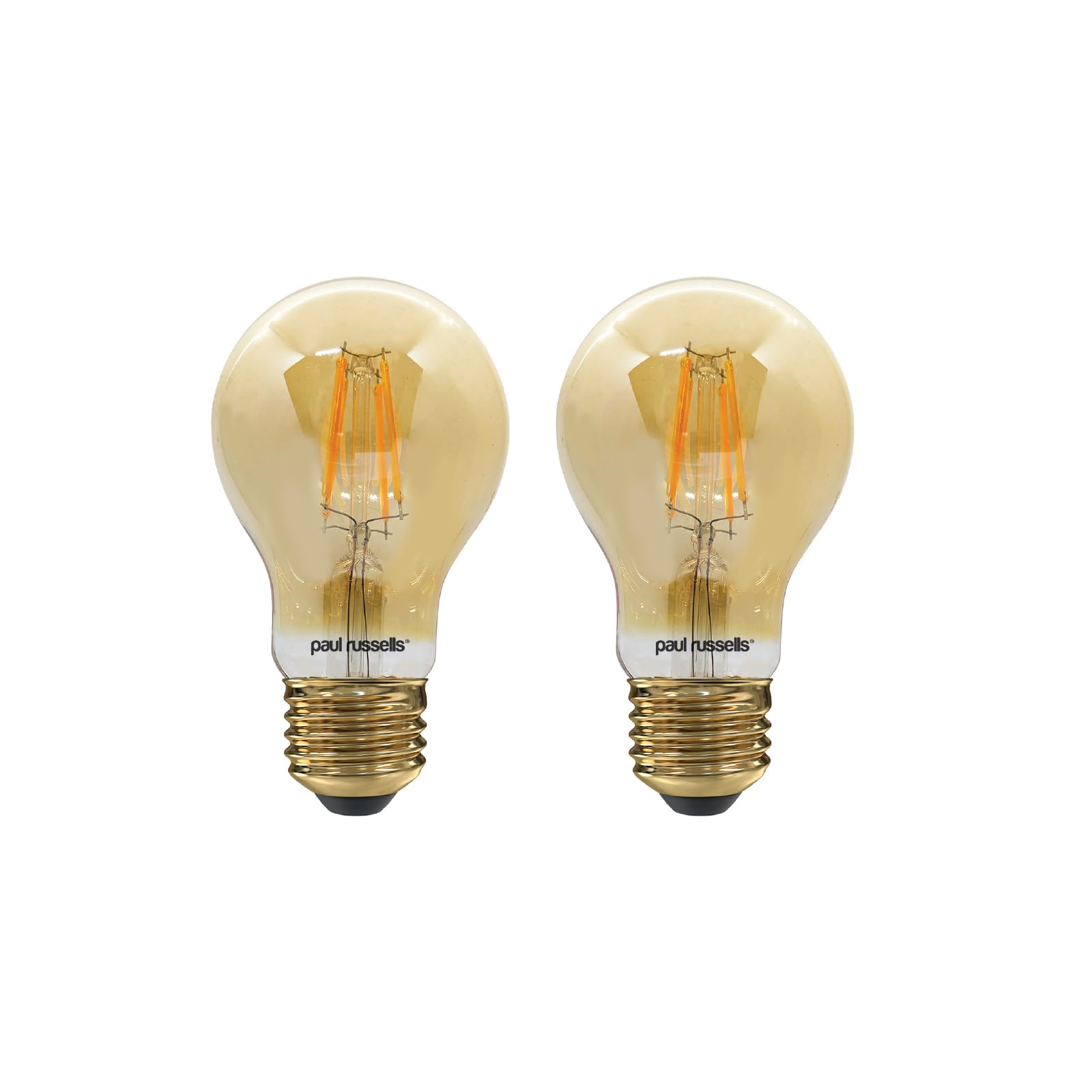 paul russells E27 Edison Screw LED Filament – 7Watt 50W Equivalent 680LM Lumens 2200K ES Standard GLS A60 – Amber Bright Energy Saving Light Non-Dimmable – Extra Warm White Bulbs - Pack of 2