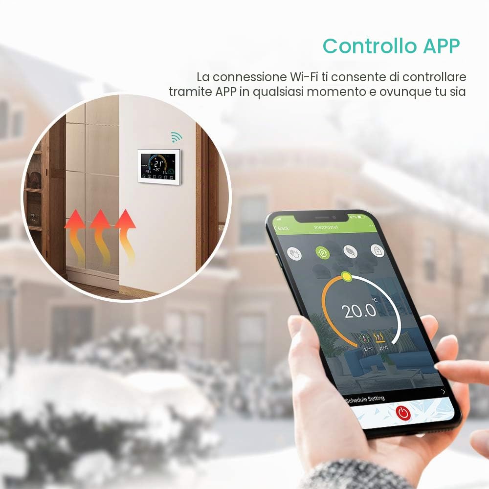 Kavolet Termostato WiFi Programmable per Caldaia Acqua/Gas LCD 5A | Smart thermostat con controllo vocale,display umidità/UV,Backlight LCD,APP remoto,con funzione di blocco del display