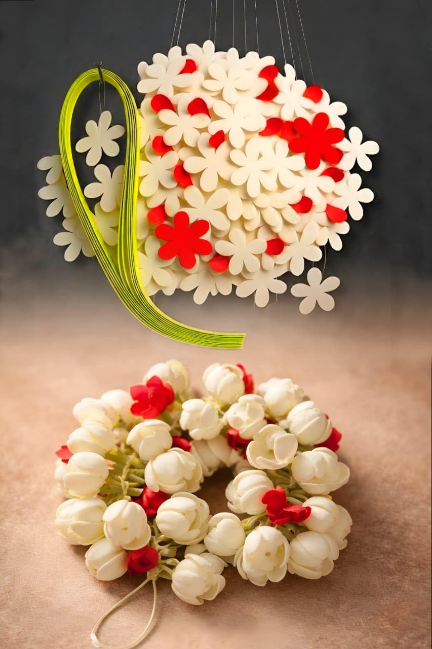 Amoria Capilla - 100 Pcs Artificial Jasmine mullai + Red Flower Mix Making Kit – Felt DIY Petals, Jewellery & Craft Materials, Hair Accessories, Foam Sheet for Flower Making-image-41