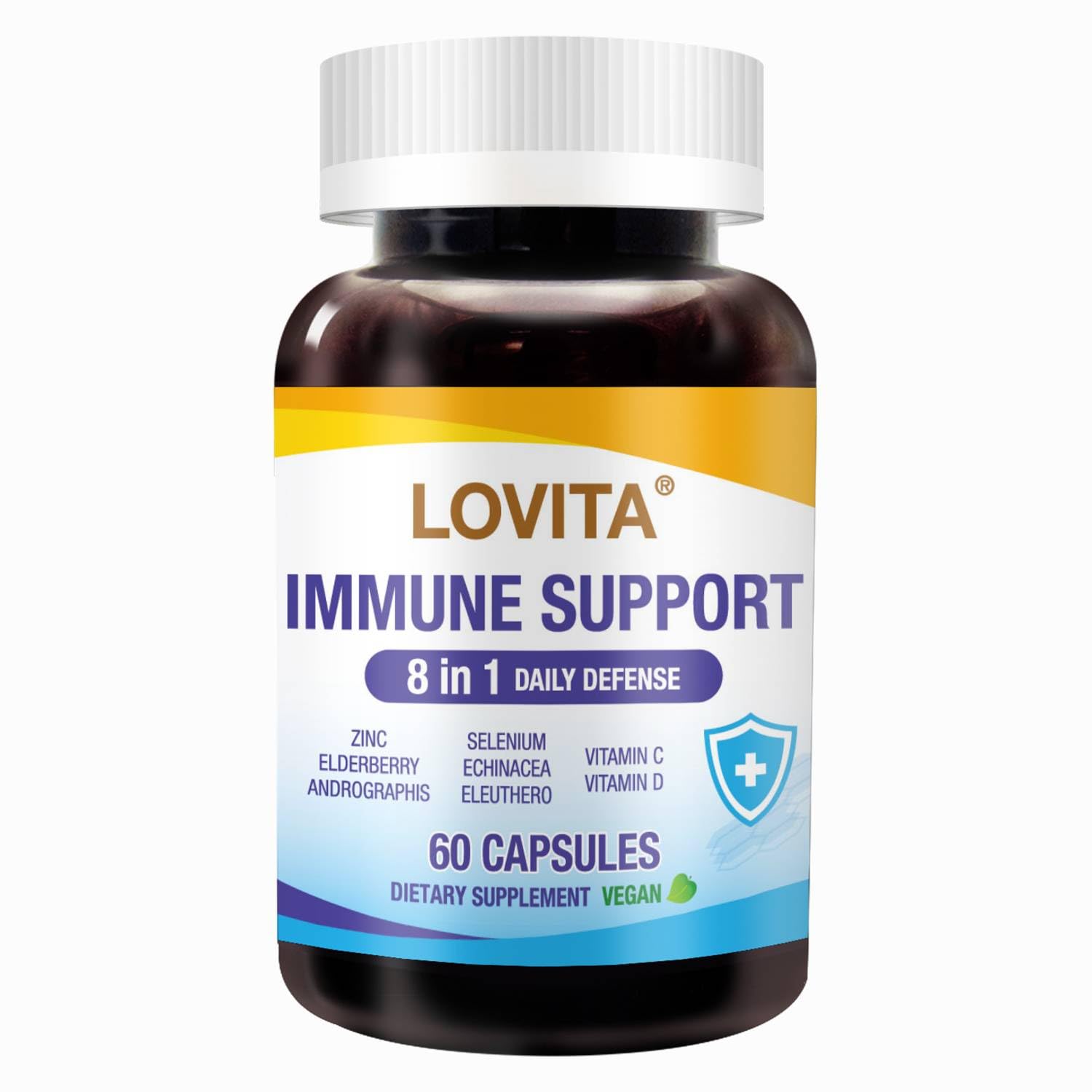 LOVITA Suplemento para a Imunidade com Sabugueiro, Zinco, Vitaminas C e D, Equinácea, Selênio, Andrographis e Ginseng-Siberiano, 60 cápsulas veganas