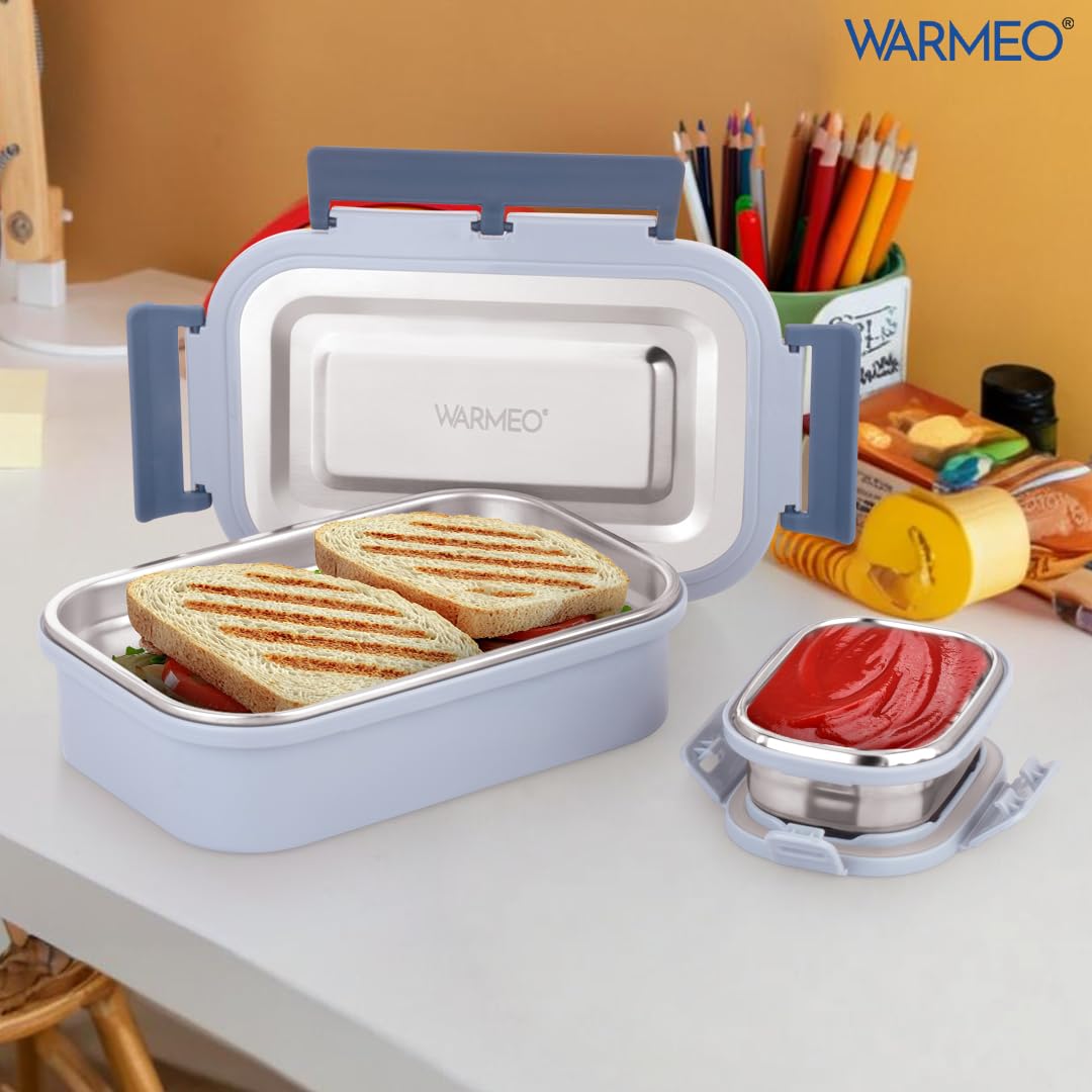 WARMEO Delight Insulated Stainless Steel Airtight Leak-Proof Lunch Box with Clip Lock Lid,Light Weight, Easy to Clean, Perfect for Office, School, Picnic & Travelling, Combo(800ml+150ml), Blue & Grey — Amazon image 5