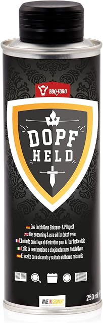 BBQ-Toro DOPFHELD olej do piekania i pielęgnacji Dutch Oven | 250 ml | olej do pielęgnacji akcesoriów żeliwnych | olej piecowy do rusztu grillowego, płyty grillowej, patelni do grilla, kociołka typu Dutch Oven i wielu